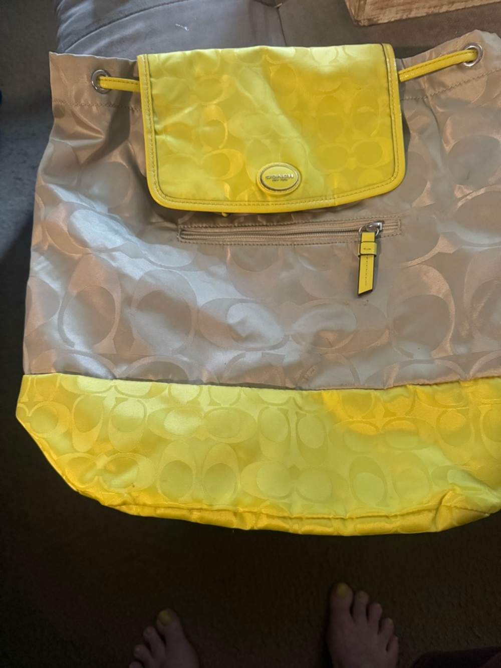 Coach Silver and Yellow Signature Drawstring Tote